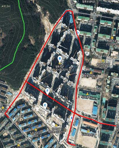 두호초등학교 ~ 보성아파트 후문 사거리 ~ 작은굴식당(두호주공3차 415동앞), 창포주공1차상가 ~ 메트로시티 201동앞 삼거리